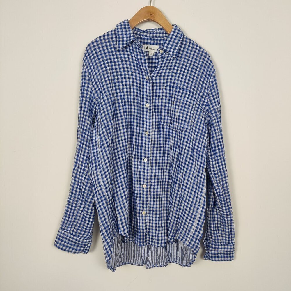 GAP Women's Boyfriend Fit Plaid Button Down Shirt in Blue White Size Small Boho